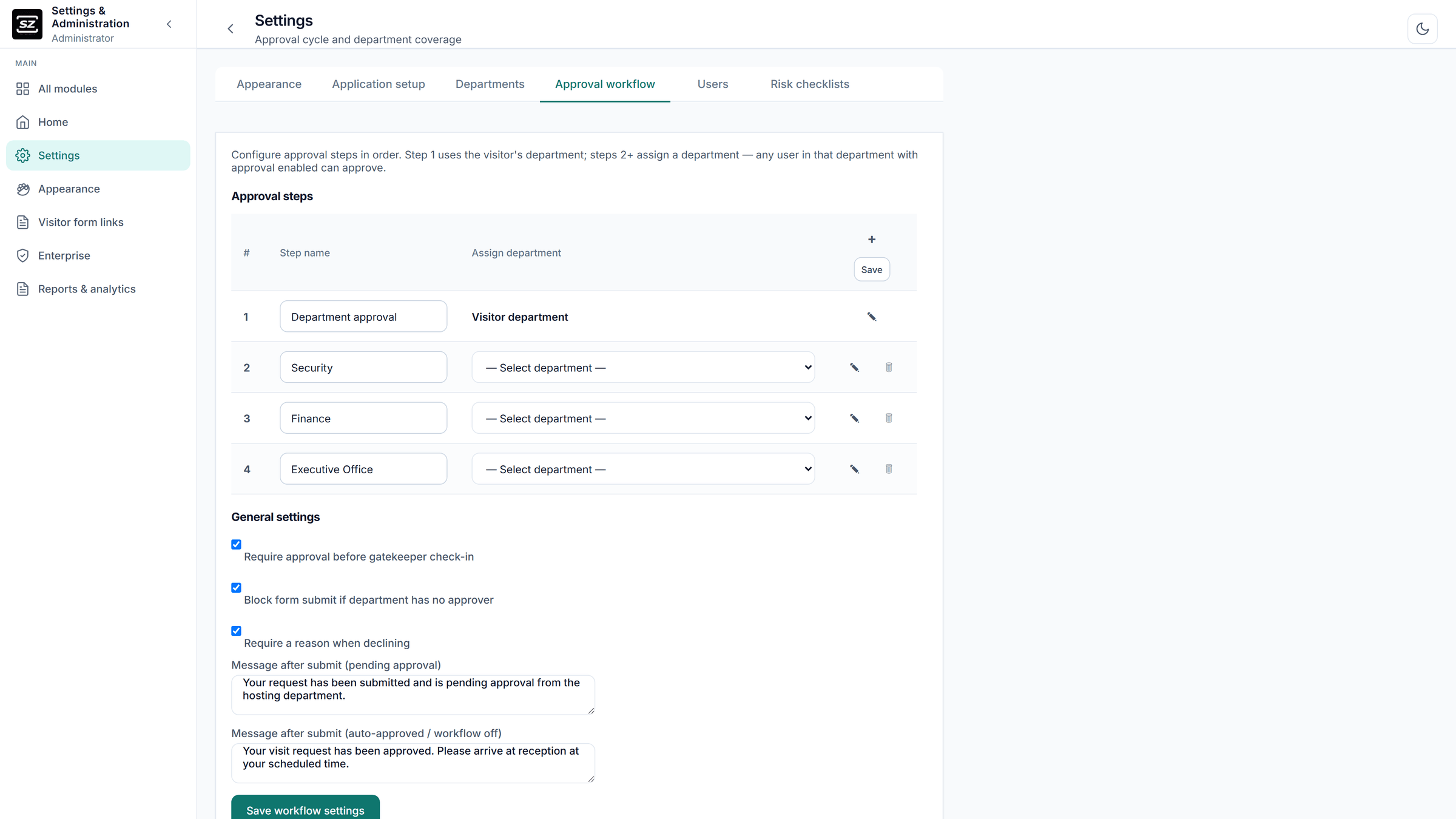 GateKeeper (Visitor Management System) and Contractors Access Control — Approval Workflow Settings