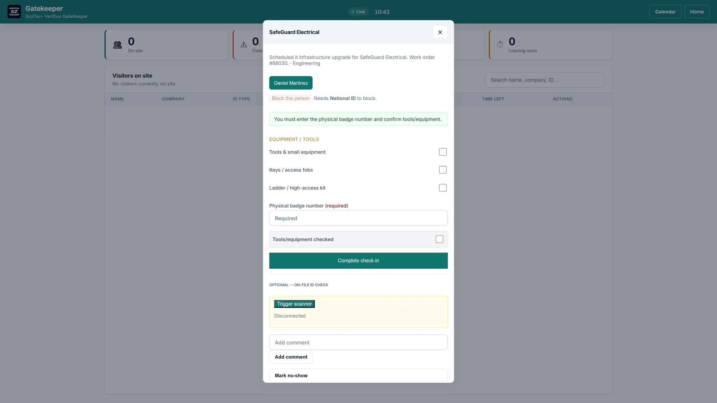 GateKeeper (Visitor Management System) and Contractors Access Control contractor check-in panel with badge and tools verification