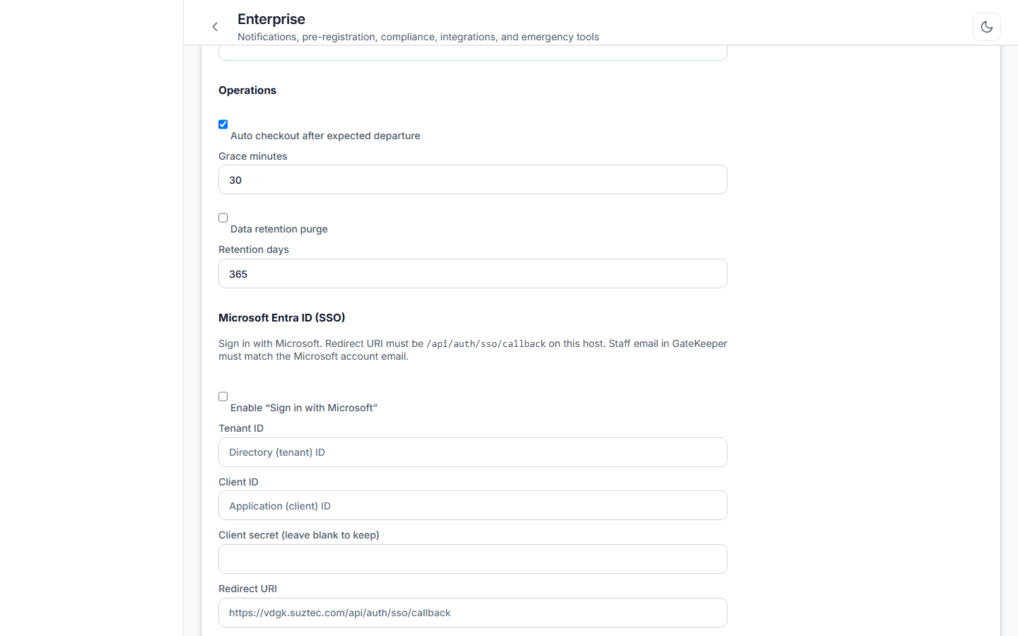 GateKeeper (Visitor Management System) and Contractors Access Control Microsoft Entra ID SSO settings