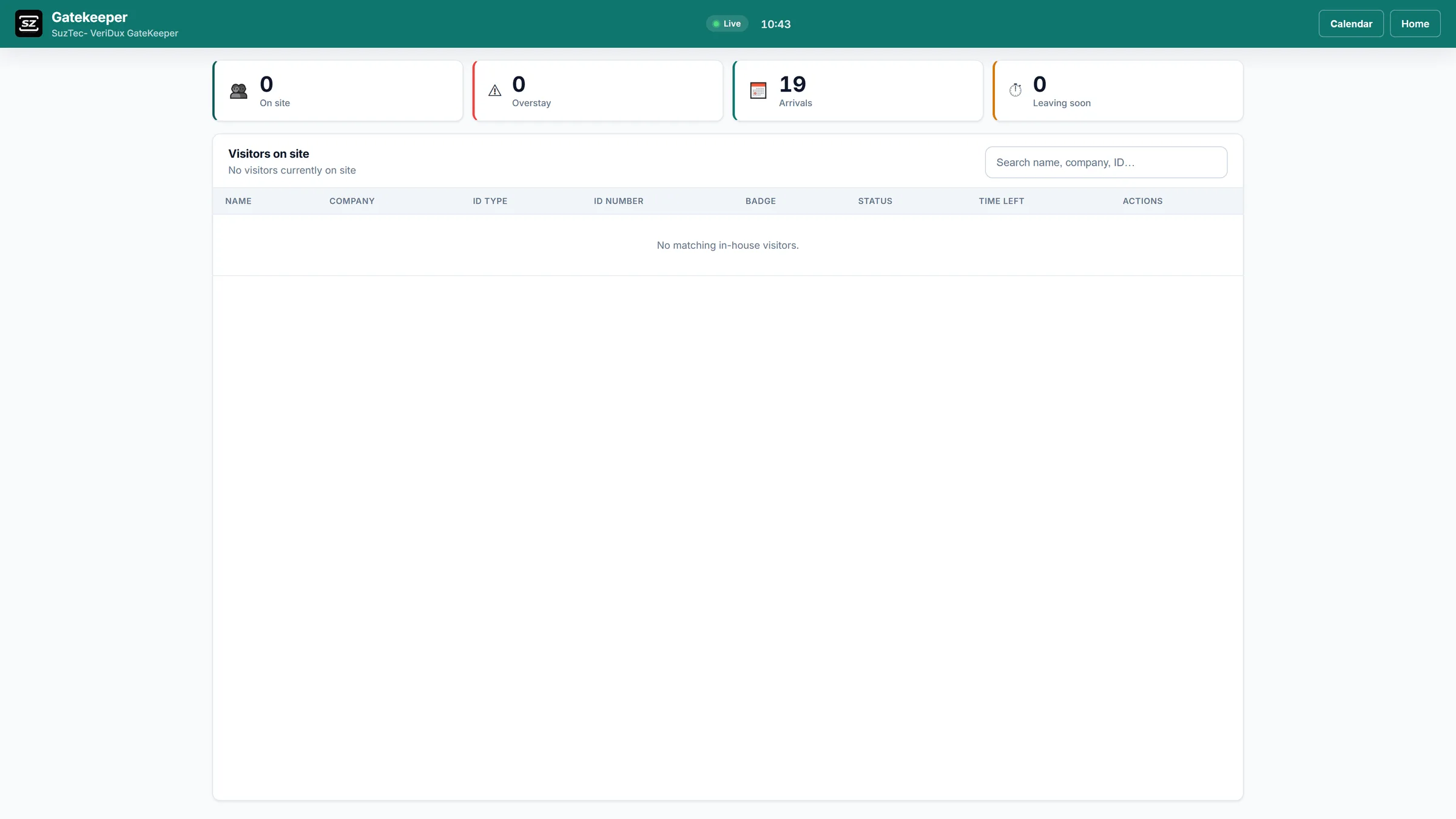 GateKeeper (Visitor Management System) and Contractors Access Control live visitor dashboard showing on-site KPIs, arrivals, overstays, and searchable visitor roster