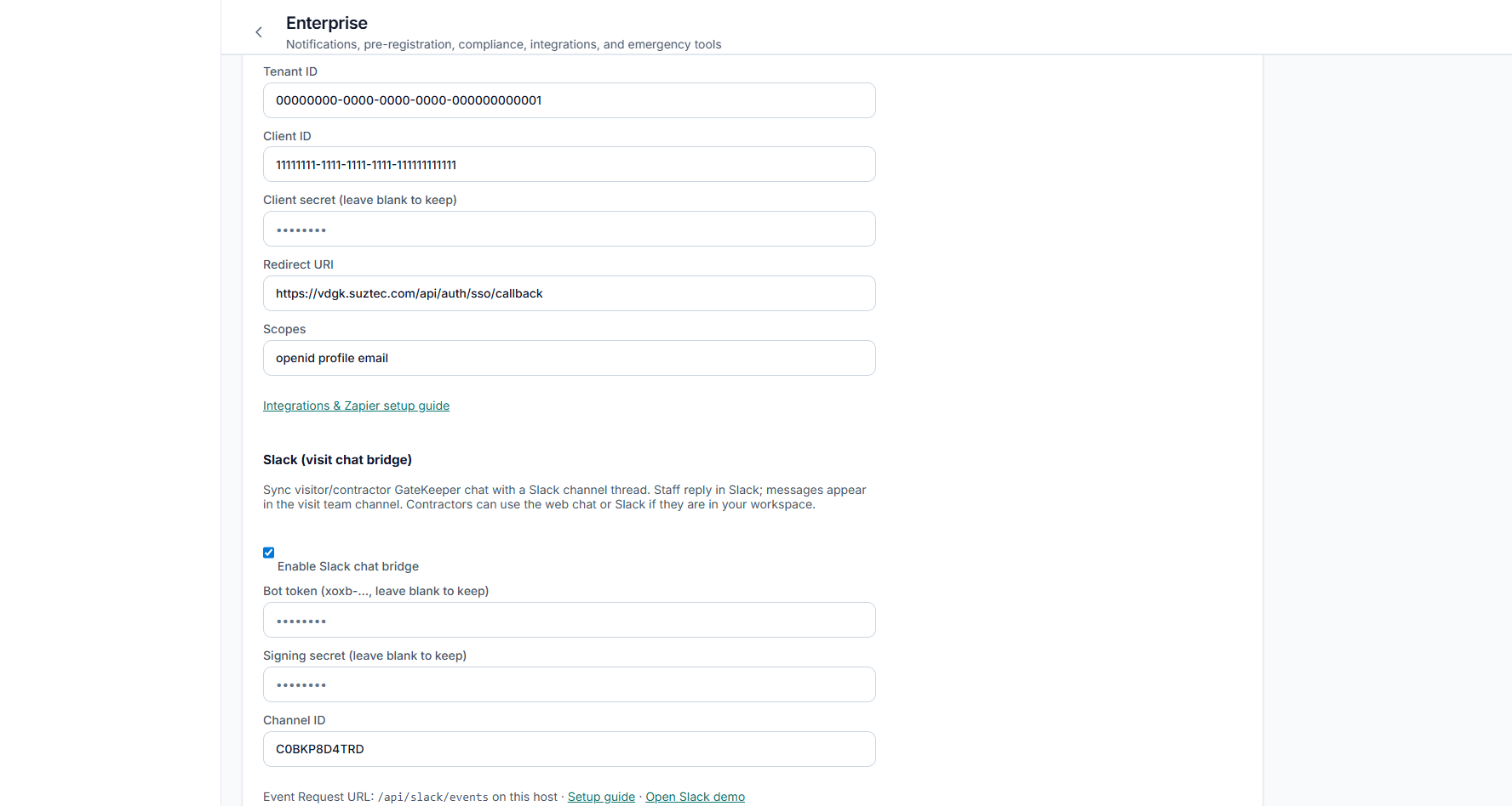 GateKeeper (Visitor Management System) and Contractors Access Control Slack visit chat bridge settings