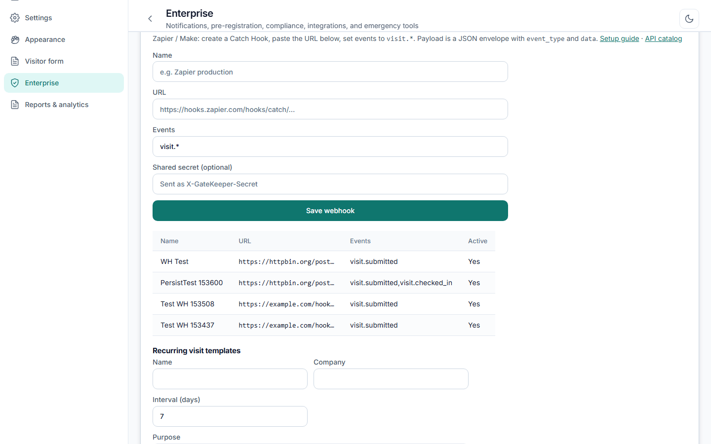 GateKeeper (Visitor Management System) and Contractors Access Control — Zapier & Outbound Webhooks